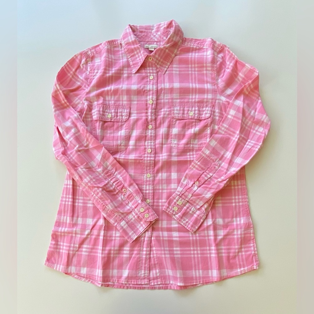 GAP Long Sleeve Button Down Cotton Shirt, Plaid Button Down Shirt, Pink & White